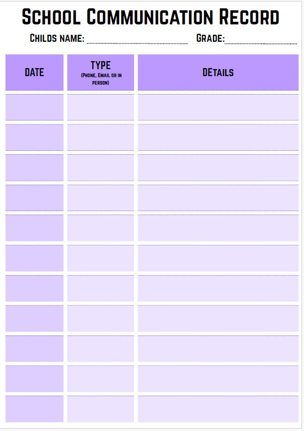 School Communication Record - One Child